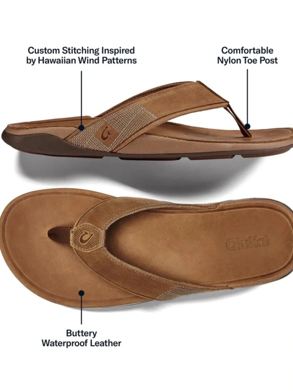 🌻NEW NWOT OluKai Tuahine Sandals Waterproof Leather Flip Flops Brown Mens 12